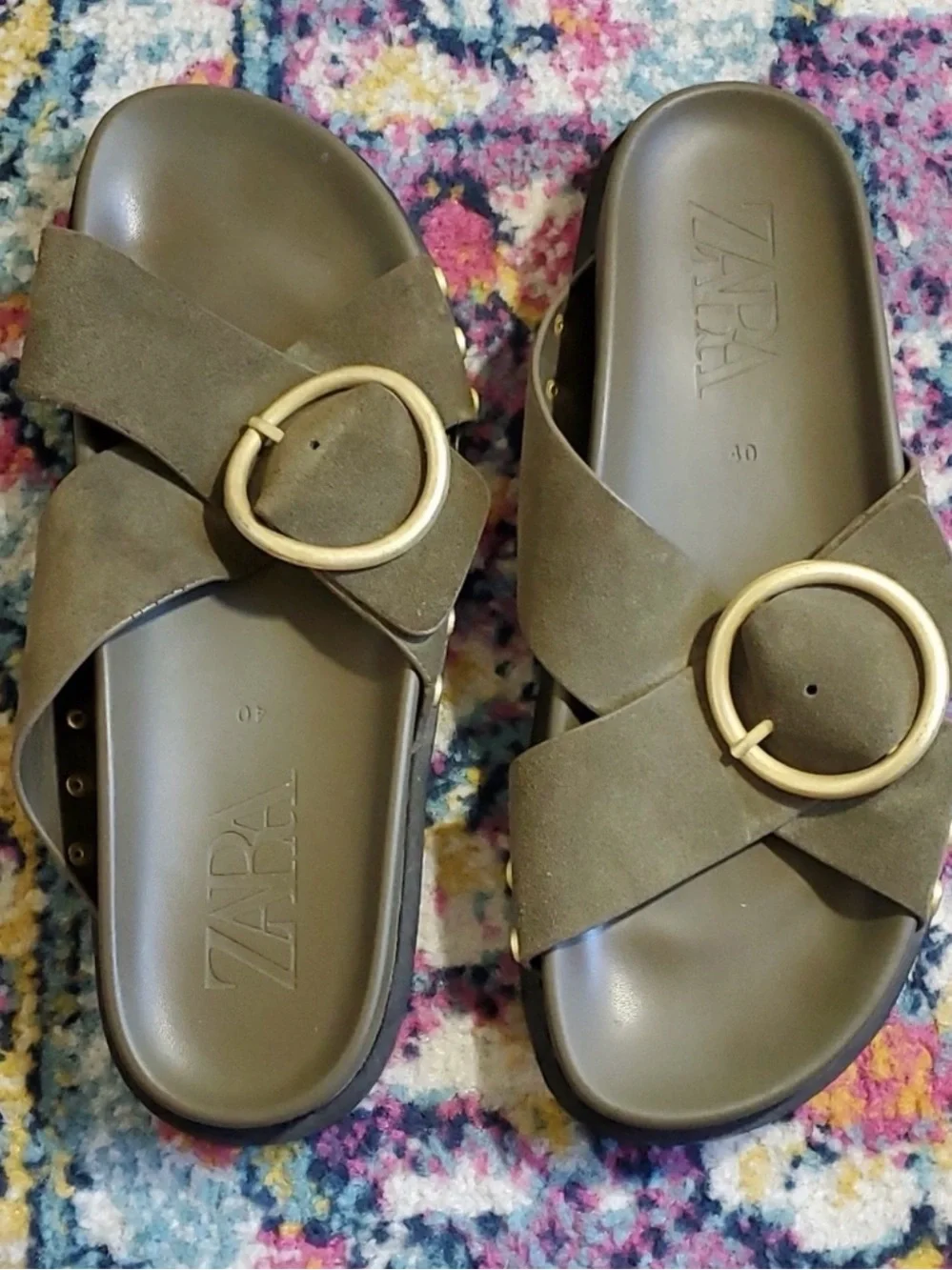 ZARA Leather and Suede Green Slip On Slides Sandals - Picture 2 of 6